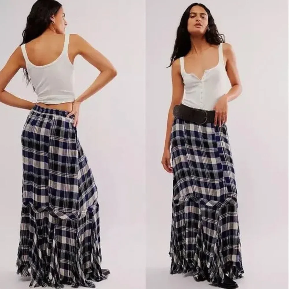 Free People FP One Bordeaux Plaid Maxi Skirt Tiered Size M Bohemian Grunge Punk - Picture 5 of 5